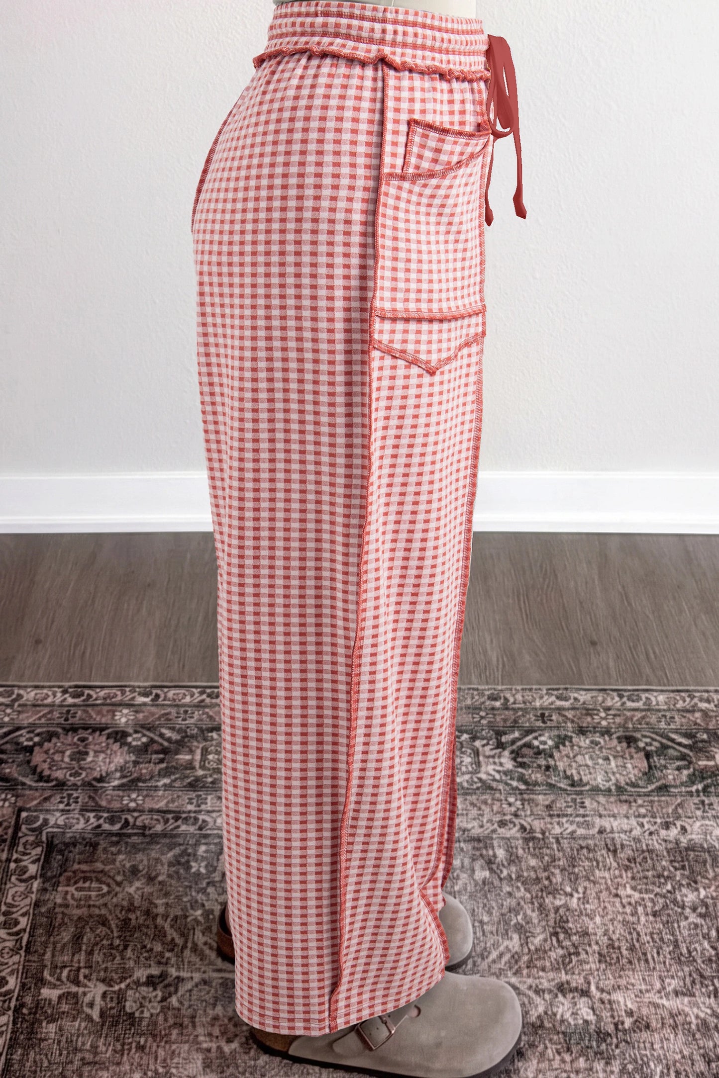 Chantel Red Plaid Contrast Trim Drawstring Elastic Waist Shift Pants