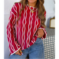 Ina Red Wavy Detail Hollow Out Knit Long Sleeve Cotton Pullover Sweater