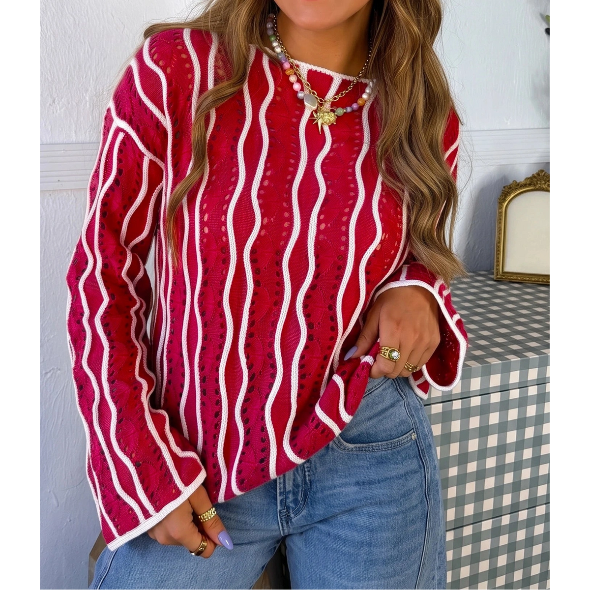 Ina Red Wavy Detail Hollow Out Knit Long Sleeve Cotton Pullover Sweater