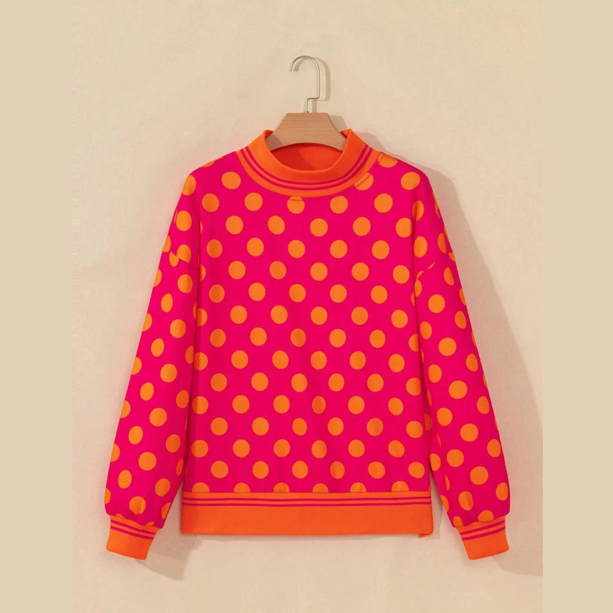 Graysen Red Polka Dot Striped Trim Mock Neck Sweatshirt