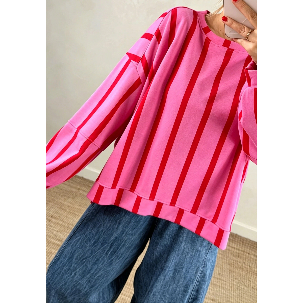 Olinda Red Stripe Dropped Shoulder Round Neck Casual Sweatshirt
