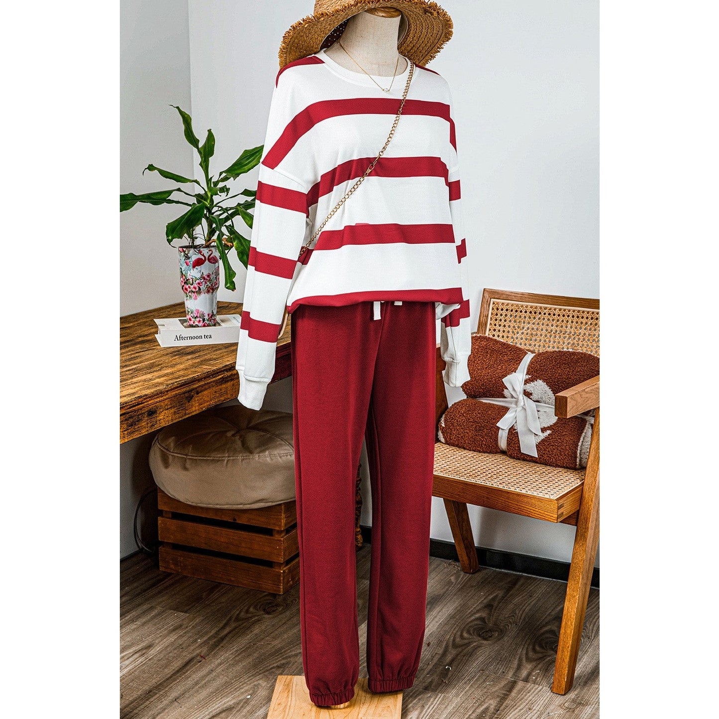 Gisselle Red Striped Drop Shoulder Pullover and Jogger Pants Set * S-3X