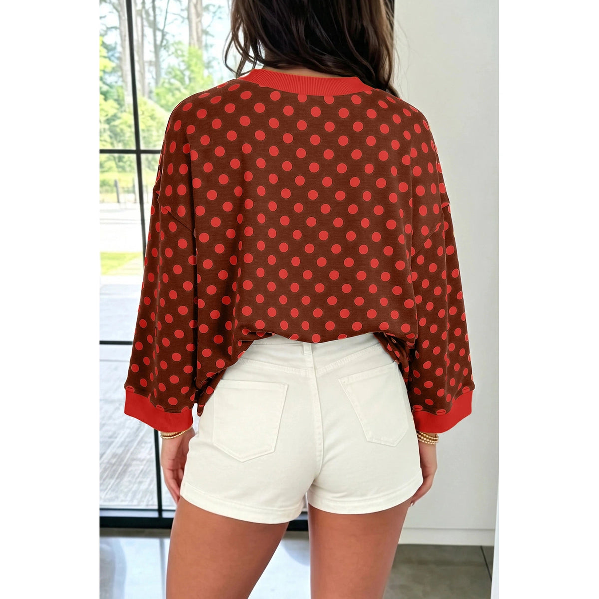 Rilyn Red Polka Dot Print Contrast Trim Round Neck Bracelet Sleeve Top