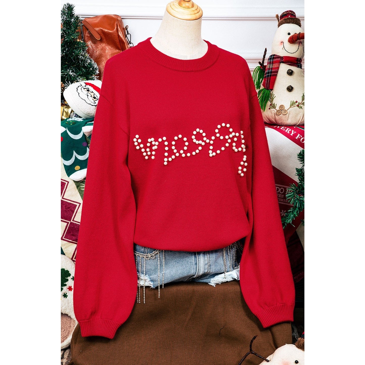 Merry Fiery Red Pearl Beaded Casual Sweater