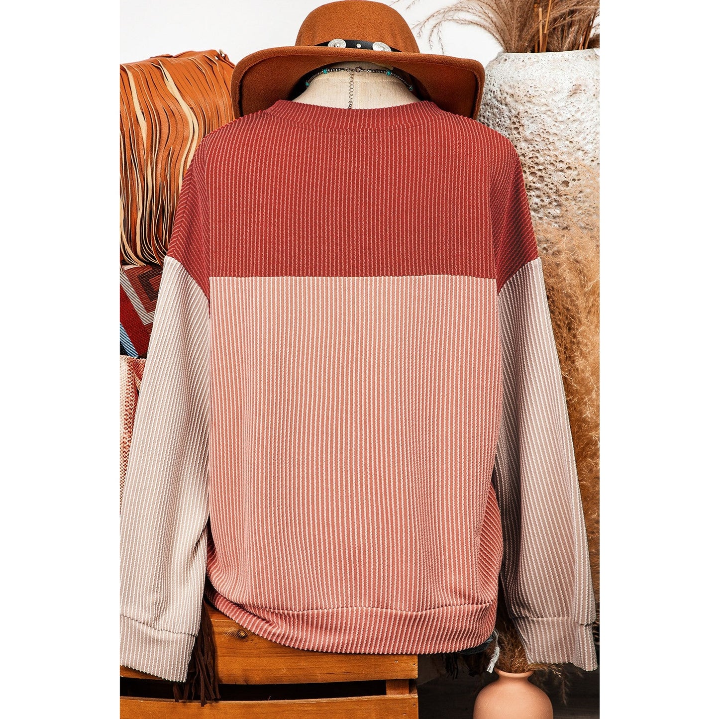 Joey Red Color Block Long Sleeve Ribbed Loose Top