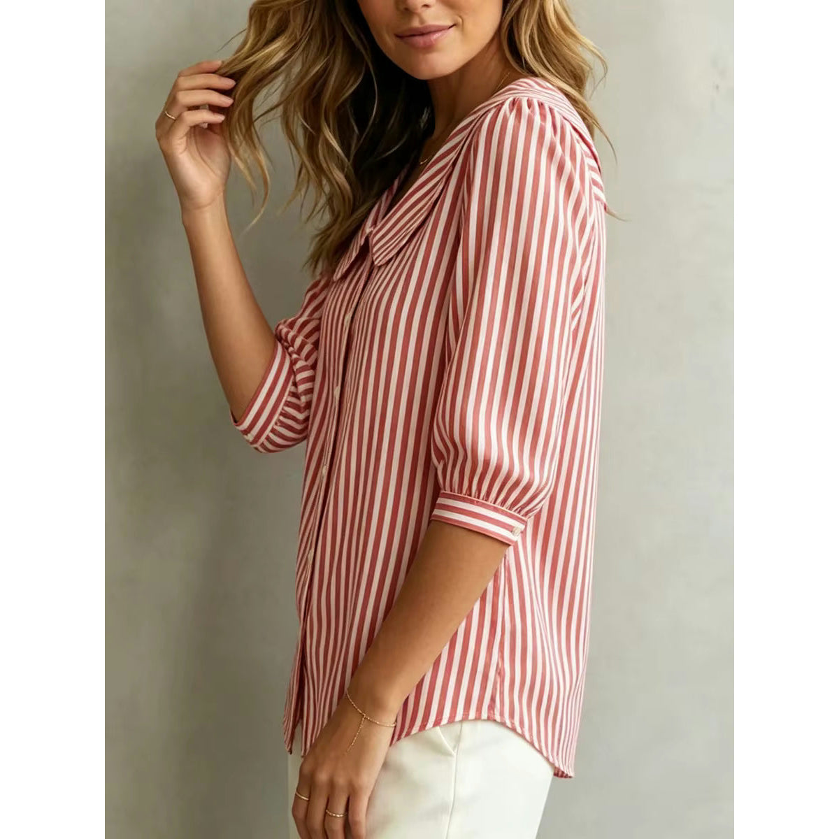 Gwanna Red Mid Sleeve Striped Collar Button Blouse