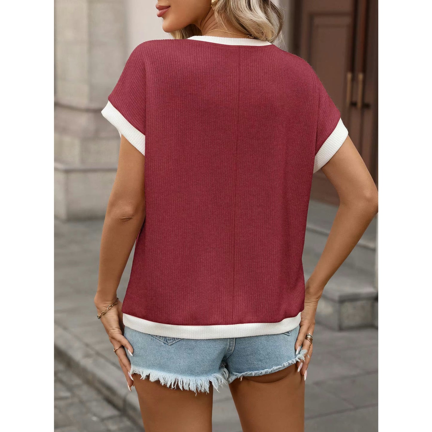 Meadow Red Contrast Trim Knit Top