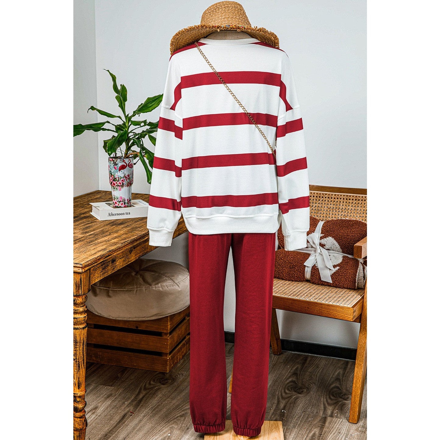 Gisselle Red Striped Drop Shoulder Pullover and Jogger Pants Set * S-3X