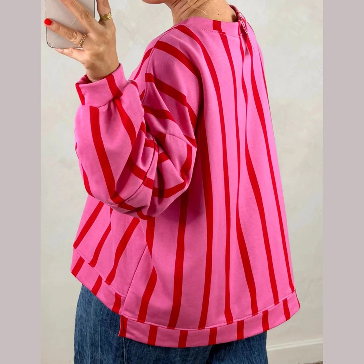 Olinda Red Stripe Dropped Shoulder Round Neck Casual Sweatshirt