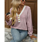 Libby Striped V Neck Waffle Knit Henley Long Sleeve Top