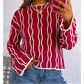 Ina Red Wavy Detail Hollow Out Knit Long Sleeve Cotton Pullover Sweater