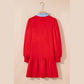 RTS Fiery Red Contrast Striped Collar Patchwork Puff Sleeve Ruffle Hem Mini Dress
