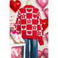 RTS Fiery Red V Neck Flower Heart Detail Checkered Knit Loose Sweater