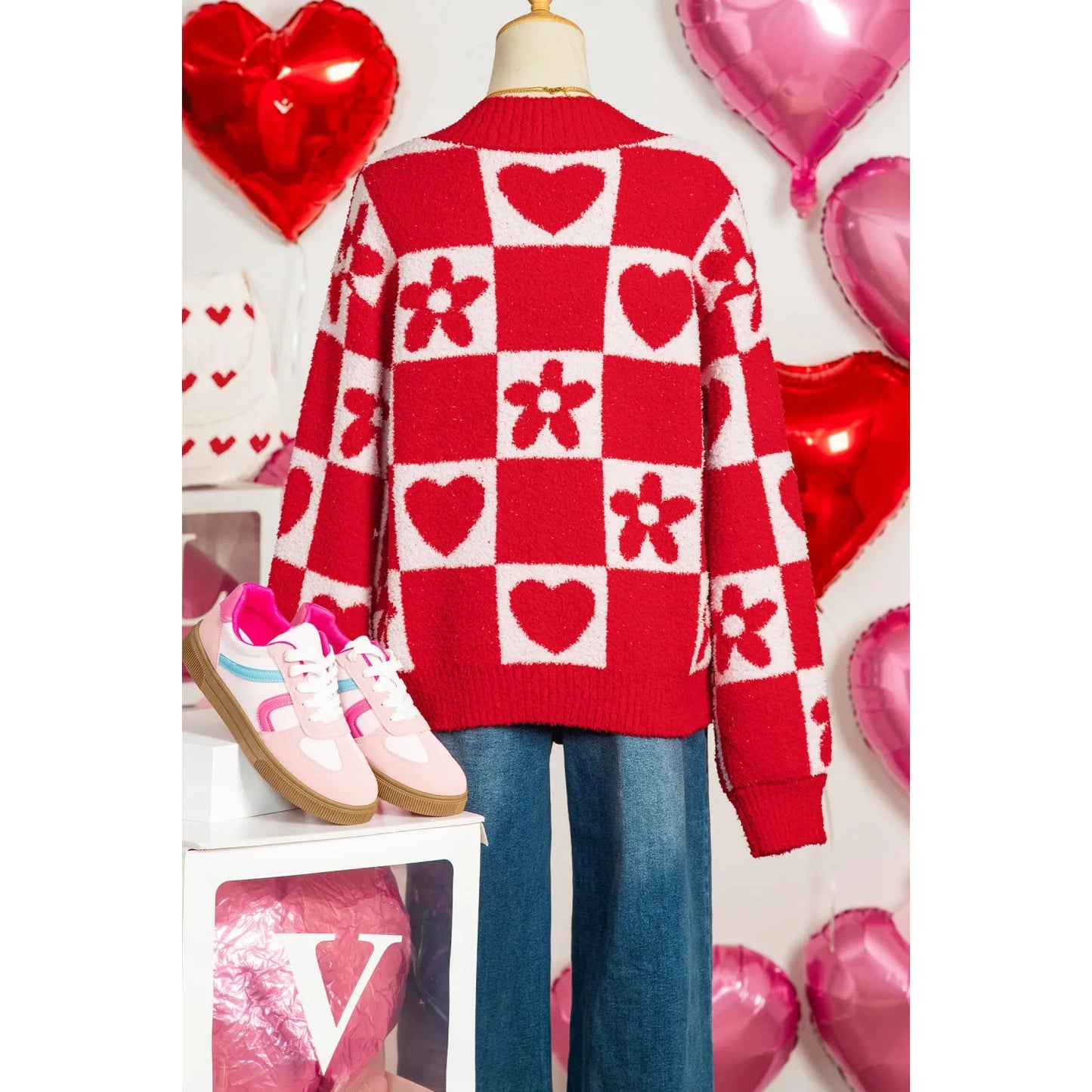 RTS Fiery Red V Neck Flower Heart Detail Checkered Knit Loose Sweater