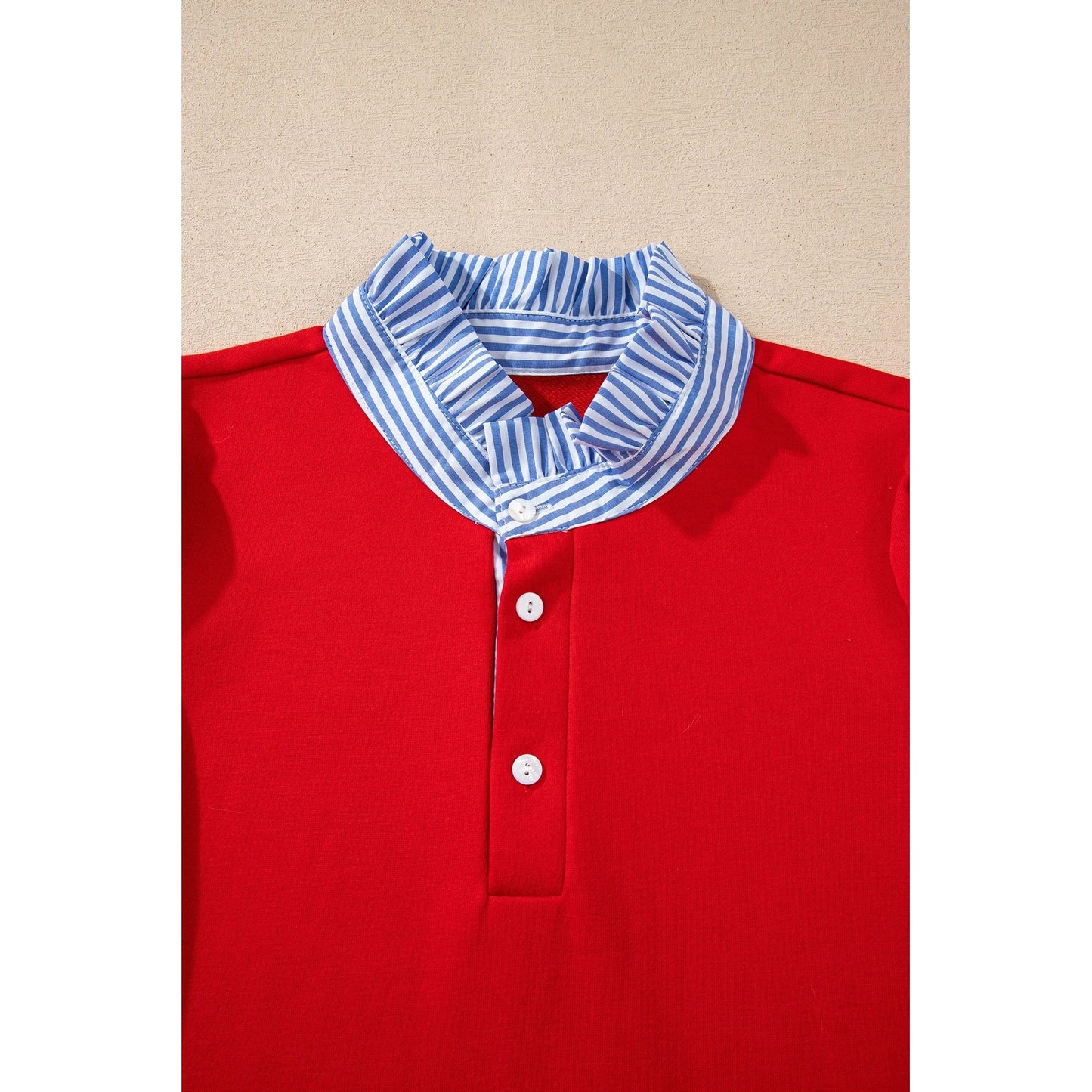 RTS Fiery Red Contrast Striped Collar Patchwork Puff Sleeve Ruffle Hem Mini Dress