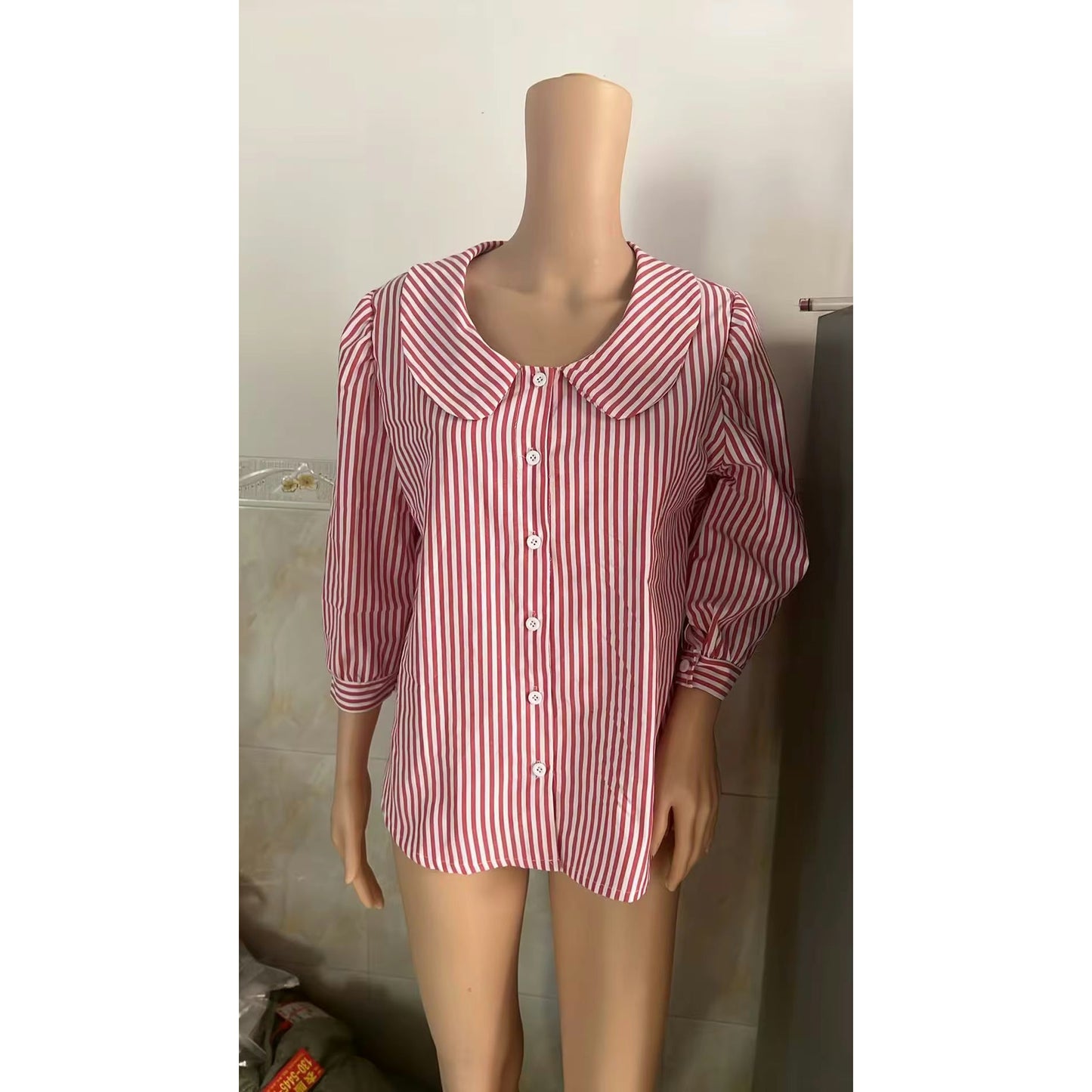 Gwanna Red Mid Sleeve Striped Collar Button Blouse