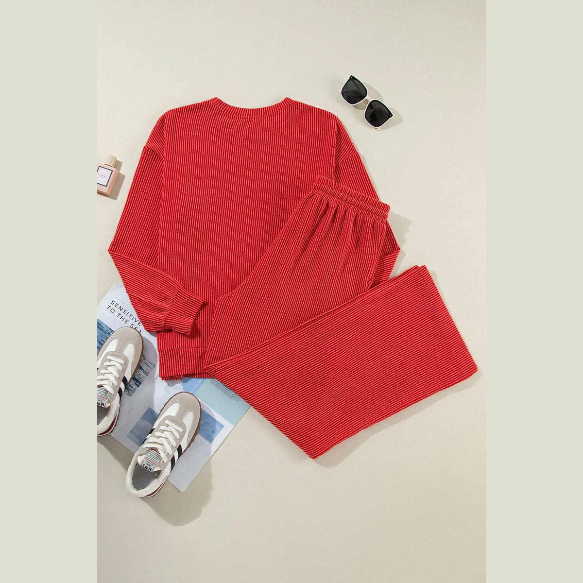 Red JOLLY Corded Long Sleeve Top and Pockets Pants Set