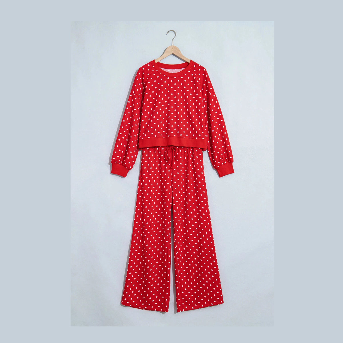 Aster Red Polka Dot Drawstring Wide Leg Long Sleeve Top Pant Set