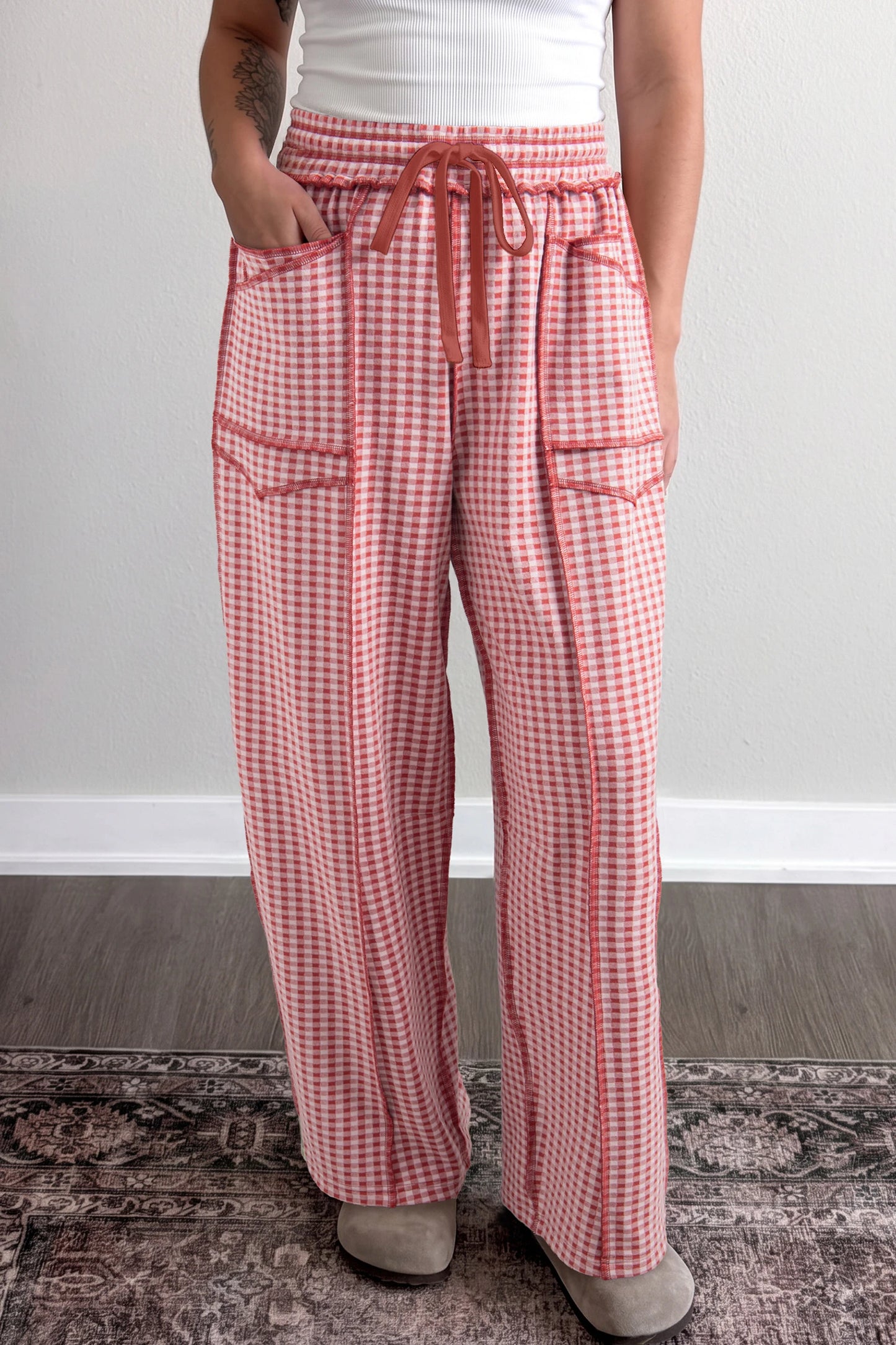 Chantel Red Plaid Contrast Trim Drawstring Elastic Waist Shift Pants