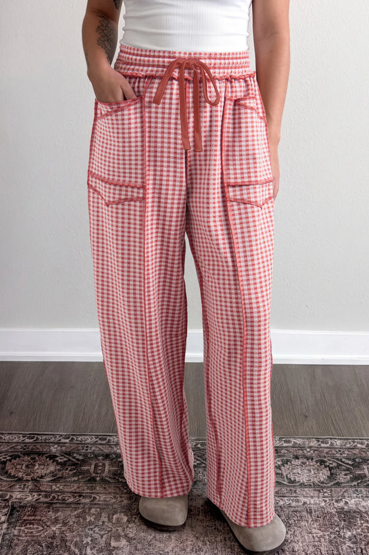 Chantel Red Plaid Contrast Trim Drawstring Elastic Waist Shift Pants