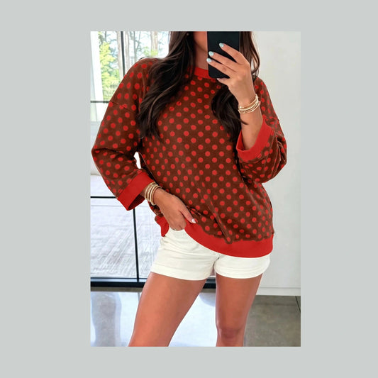 Rilyn Red Polka Dot Print Contrast Trim Round Neck Bracelet Sleeve Top