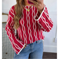 Ina Red Wavy Detail Hollow Out Knit Long Sleeve Cotton Pullover Sweater