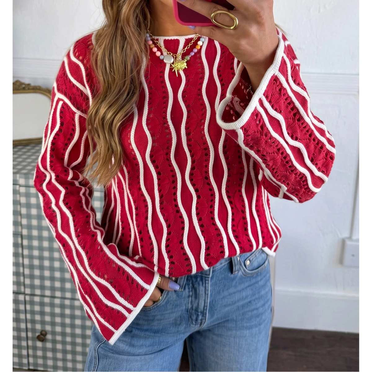 Ina Red Wavy Detail Hollow Out Knit Long Sleeve Cotton Pullover Sweater