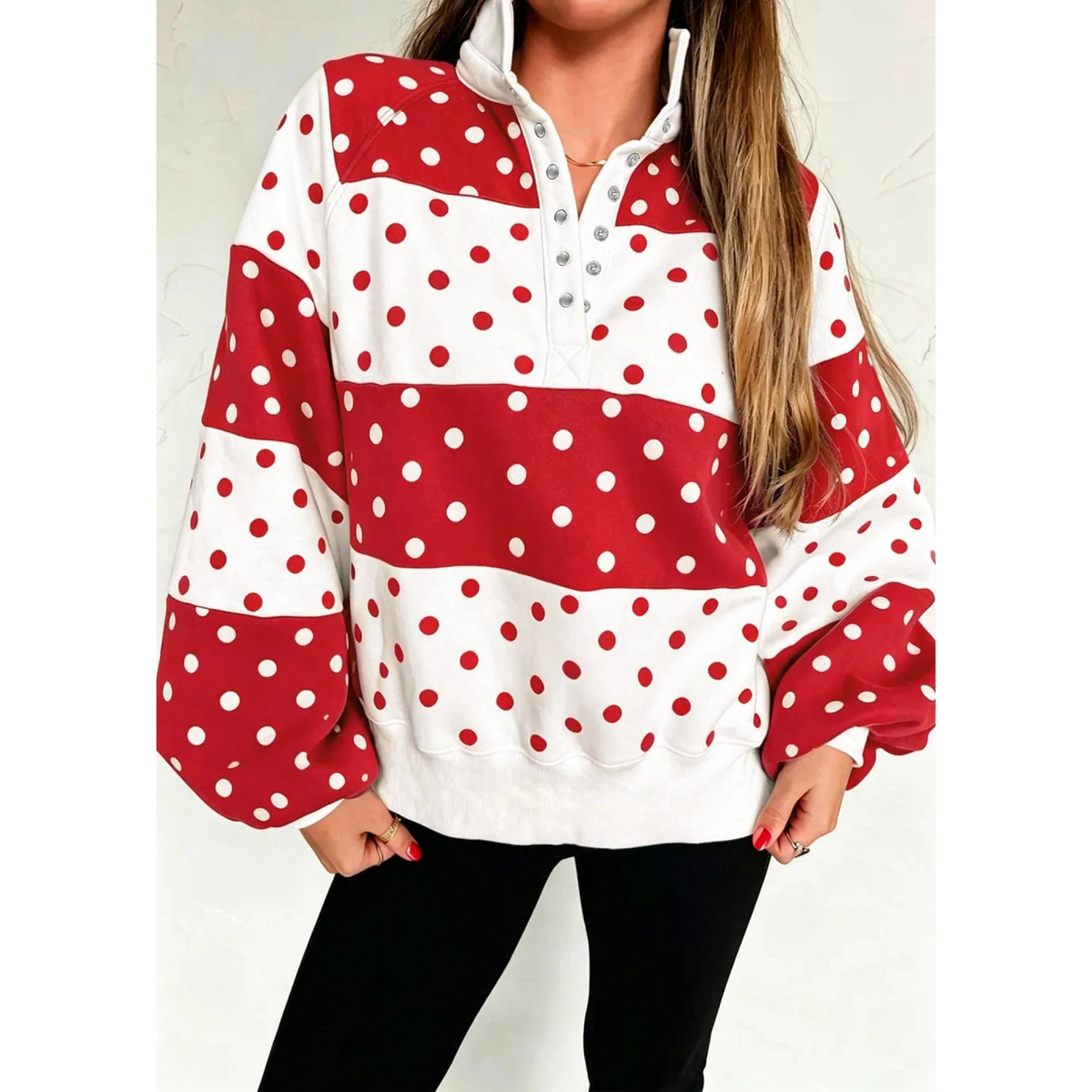 Chey Red Polka Dot Colorblock Half Zip Puff Sleeve Pullover Sweatshirt