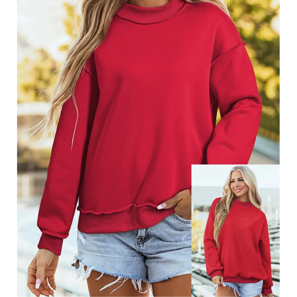 Alessia Red Oversize Drop Shoulder Reversible Mock Neck Sweatshirt