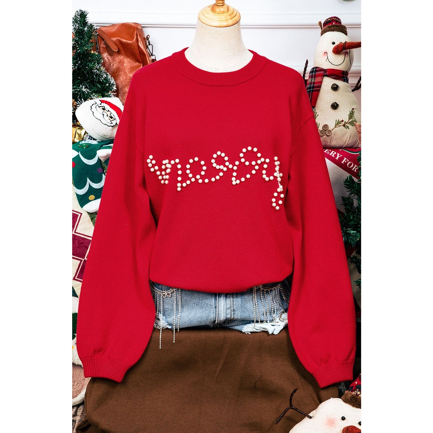 Merry Fiery Red Pearl Beaded Casual Sweater