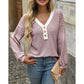 Libby Striped V Neck Waffle Knit Henley Long Sleeve Top