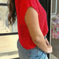 Meg Fiery Red Hollowed Knit Short Sleeve Zipper Collar Knitwear Top
