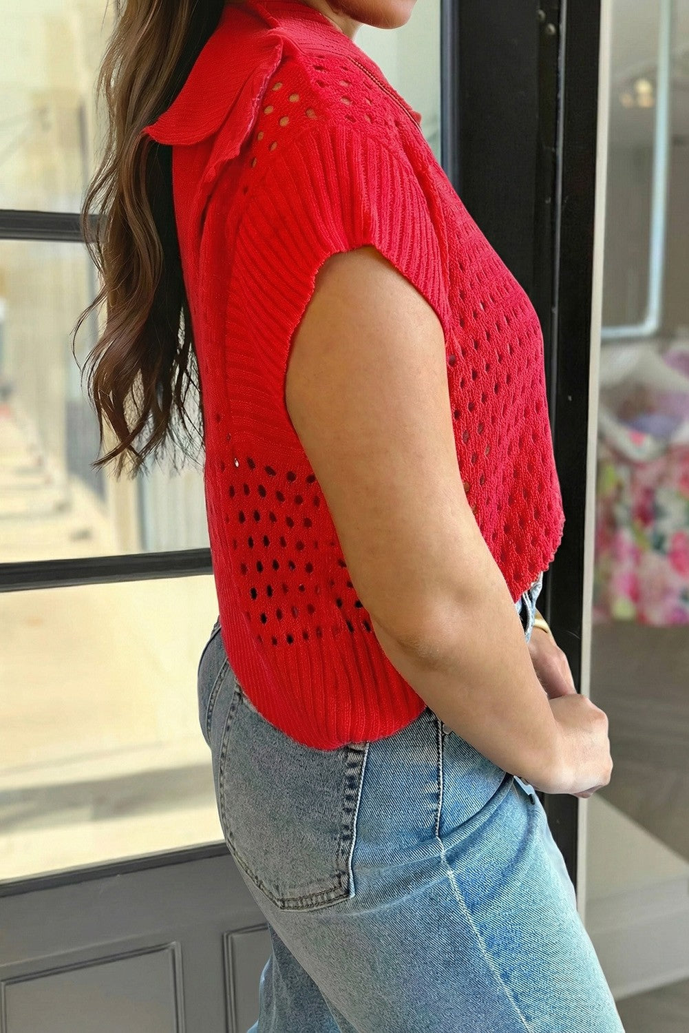 Meg Fiery Red Hollowed Knit Short Sleeve Zipper Collar Knitwear Top