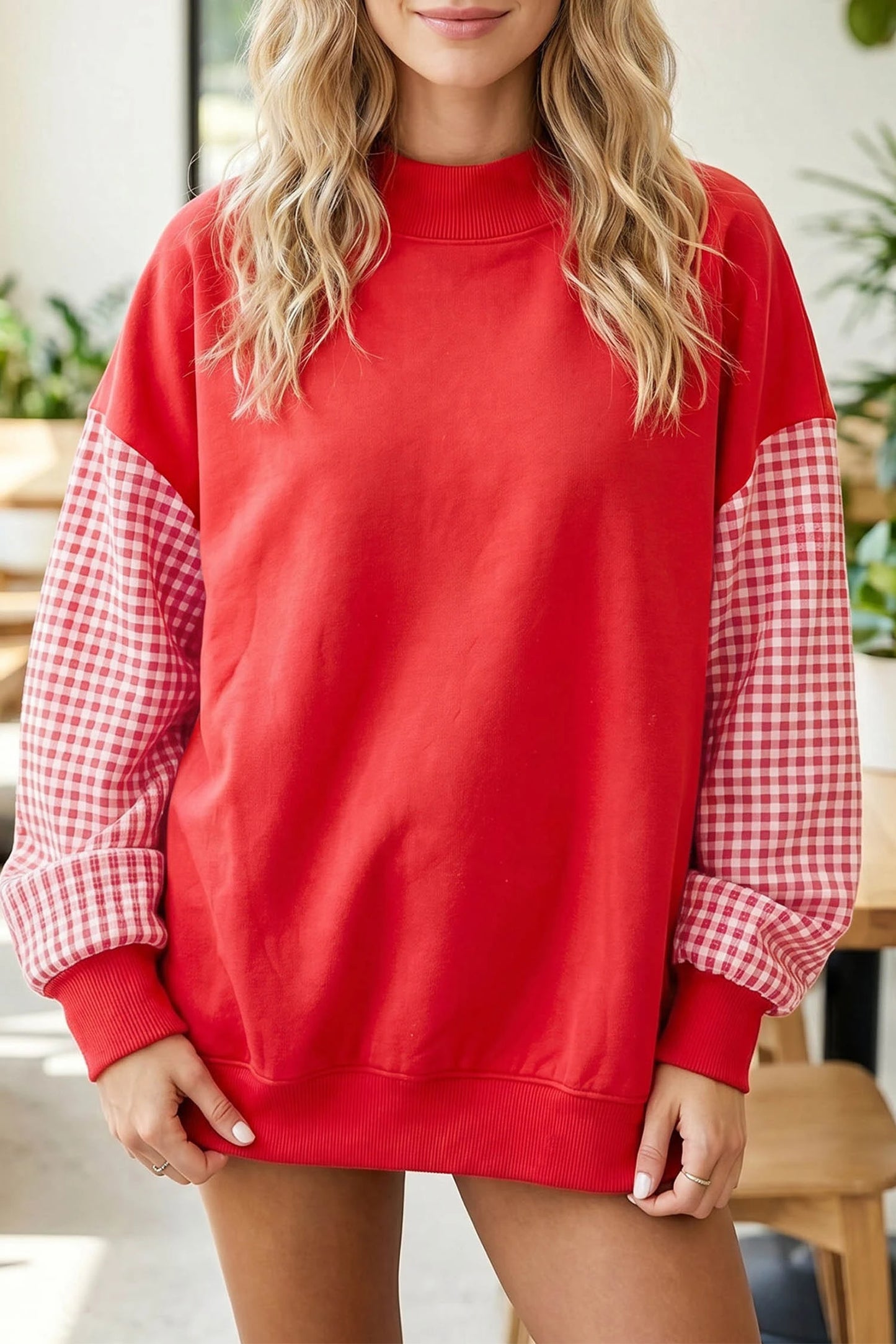 Kyrie Red Plaid Sleeve Colorblock Loose Tunic Sweatshirt