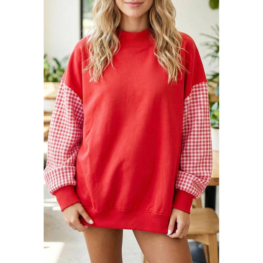 Kyrie Red Plaid Sleeve Colorblock Loose Tunic Sweatshirt