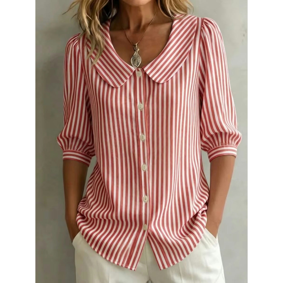 Gwanna Red Mid Sleeve Striped Collar Button Blouse