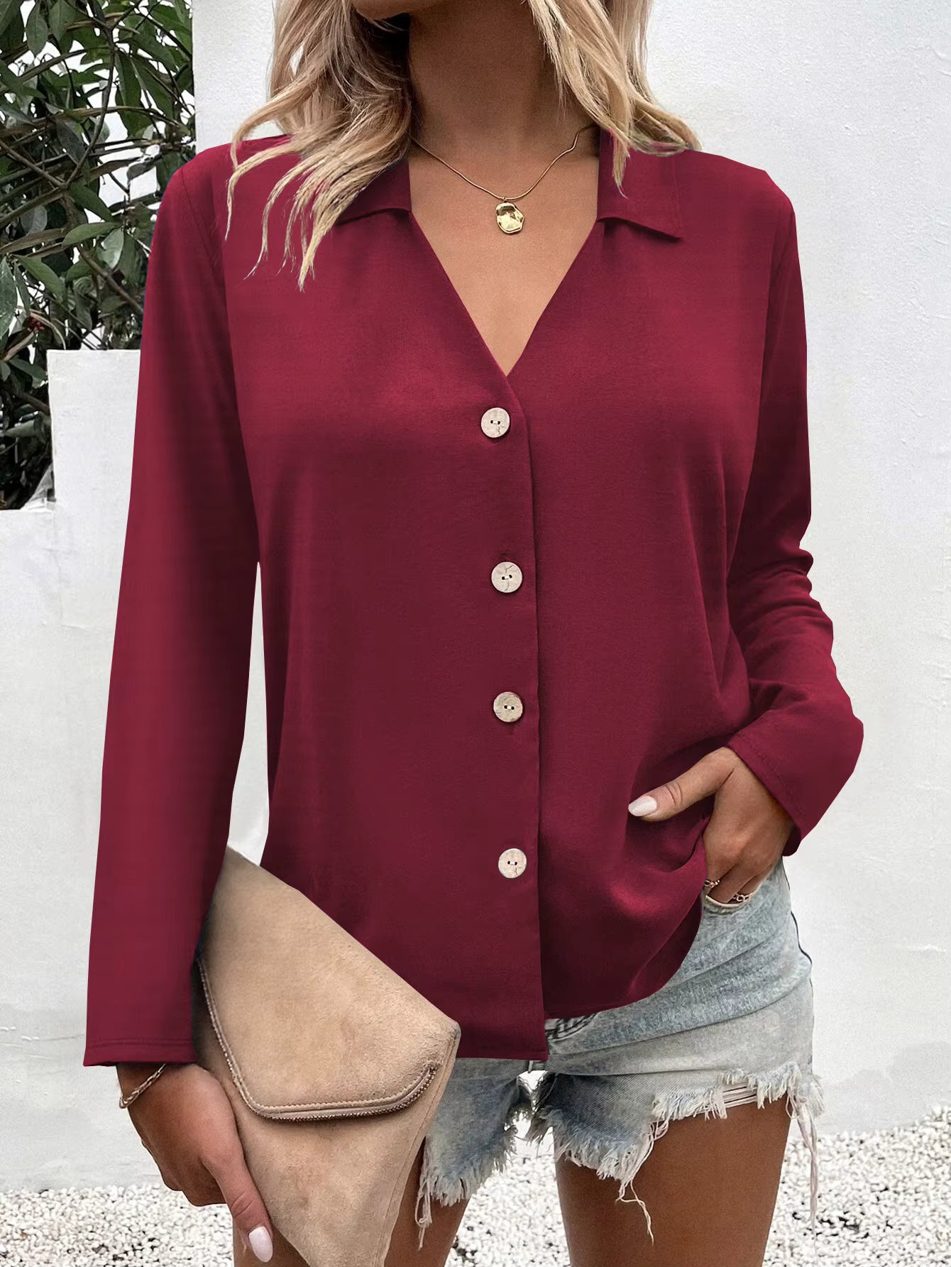 Eleanora Lapel Button Up Long Sleeve Blouse - 6 Colors
