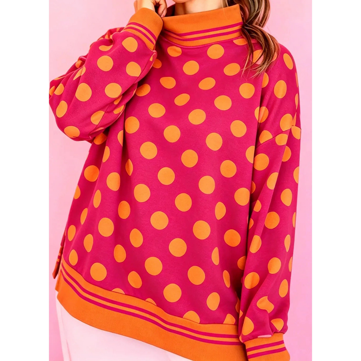 Graysen Red Polka Dot Striped Trim Mock Neck Sweatshirt