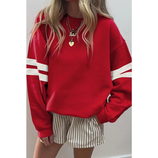 Fiery Red Varsity Striped Detail Drop Shoulder Oversized Sweatshirt