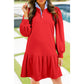 RTS Fiery Red Contrast Striped Collar Patchwork Puff Sleeve Ruffle Hem Mini Dress