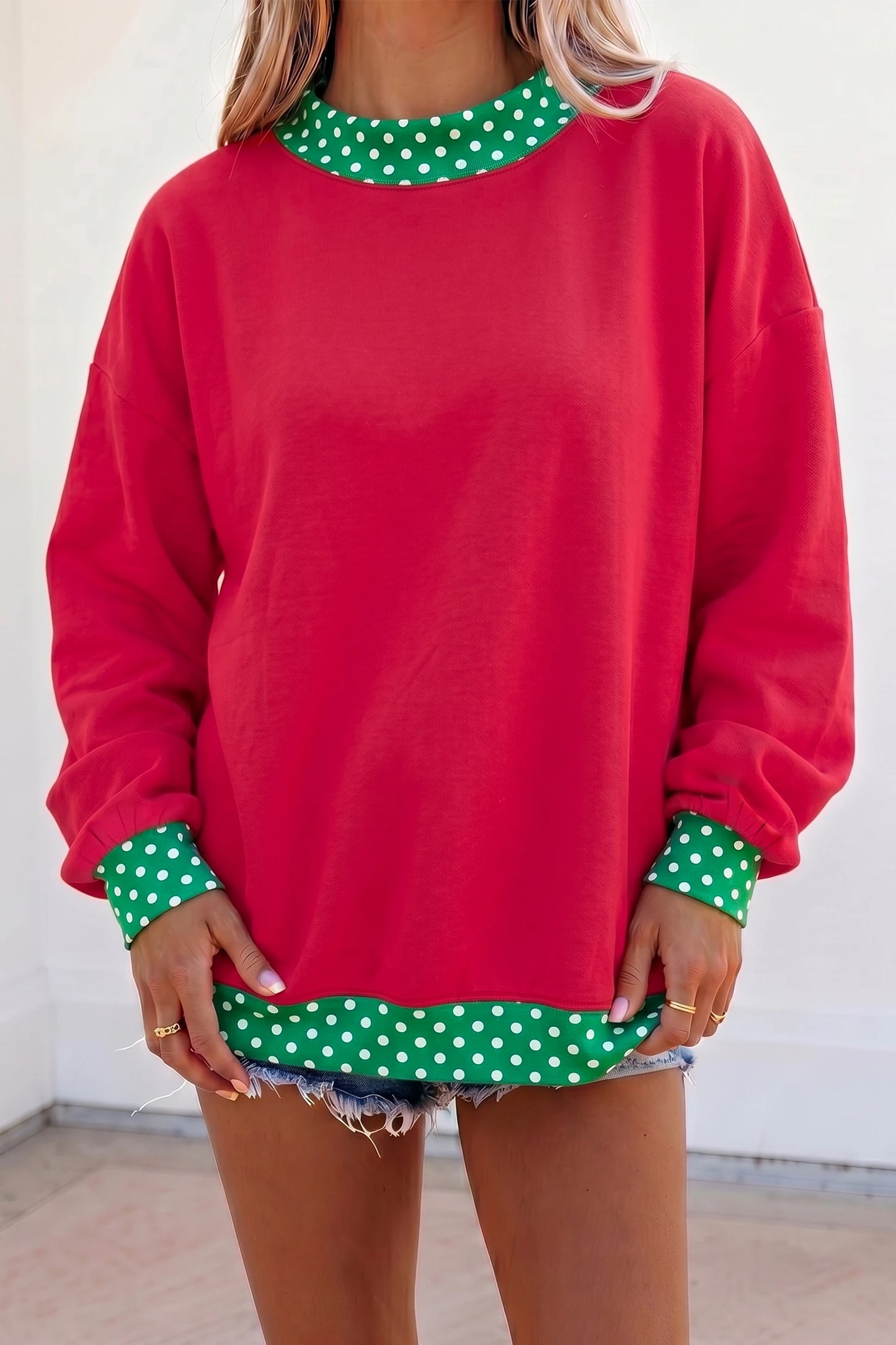 Phoebe Red/Green Colorblock Polka Dot Contrast Trim Oversized Sweatshirt
