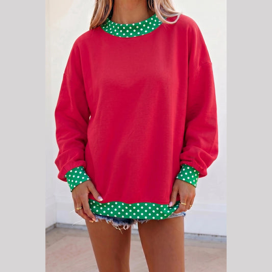 Phoebe Red/Green Colorblock Polka Dot Contrast Trim Oversized Sweatshirt