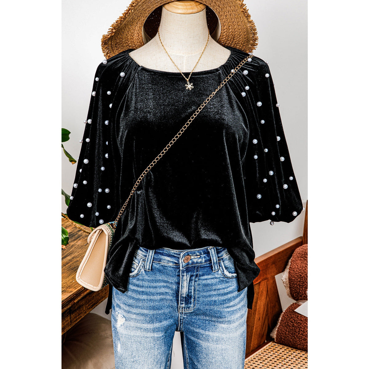 SALE!!!  Reese Black Pearl Beaded Half Sleeve Velvet Top
