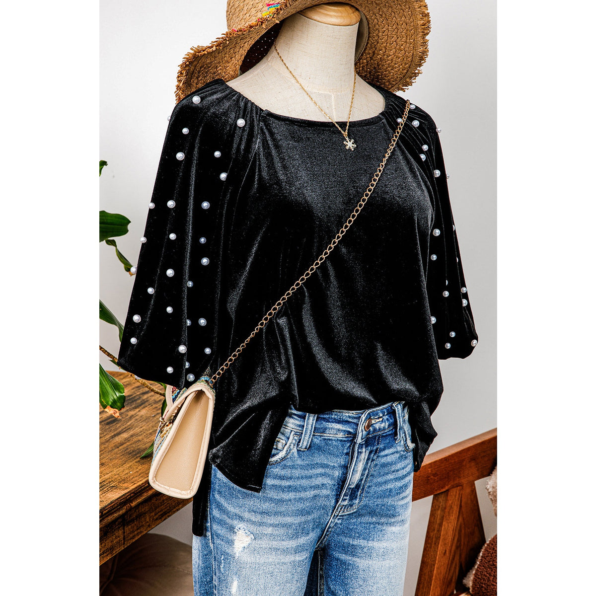 SALE!!!  Reese Black Pearl Beaded Half Sleeve Velvet Top