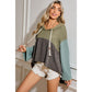 Reggie Laurel Green Mixed Textured Colorblock Patchwork Wide Sleeve Frayed High Low Hooded Top