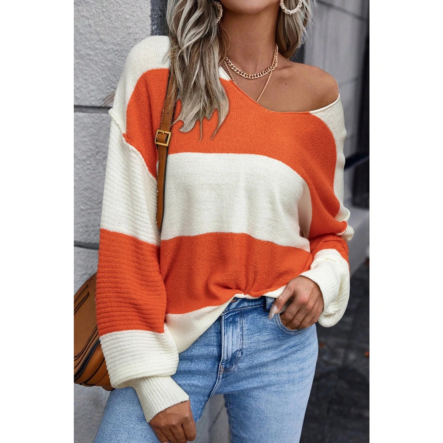 Reggie Orange Stripe Loose Color Block Drop Shoulder Bubble Sleeve Sweater