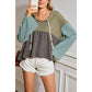 Reggie Laurel Green Mixed Textured Colorblock Patchwork Wide Sleeve Frayed High Low Hooded Top