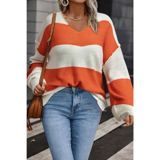 Reggie Orange Stripe Loose Color Block Drop Shoulder Bubble Sleeve Sweater