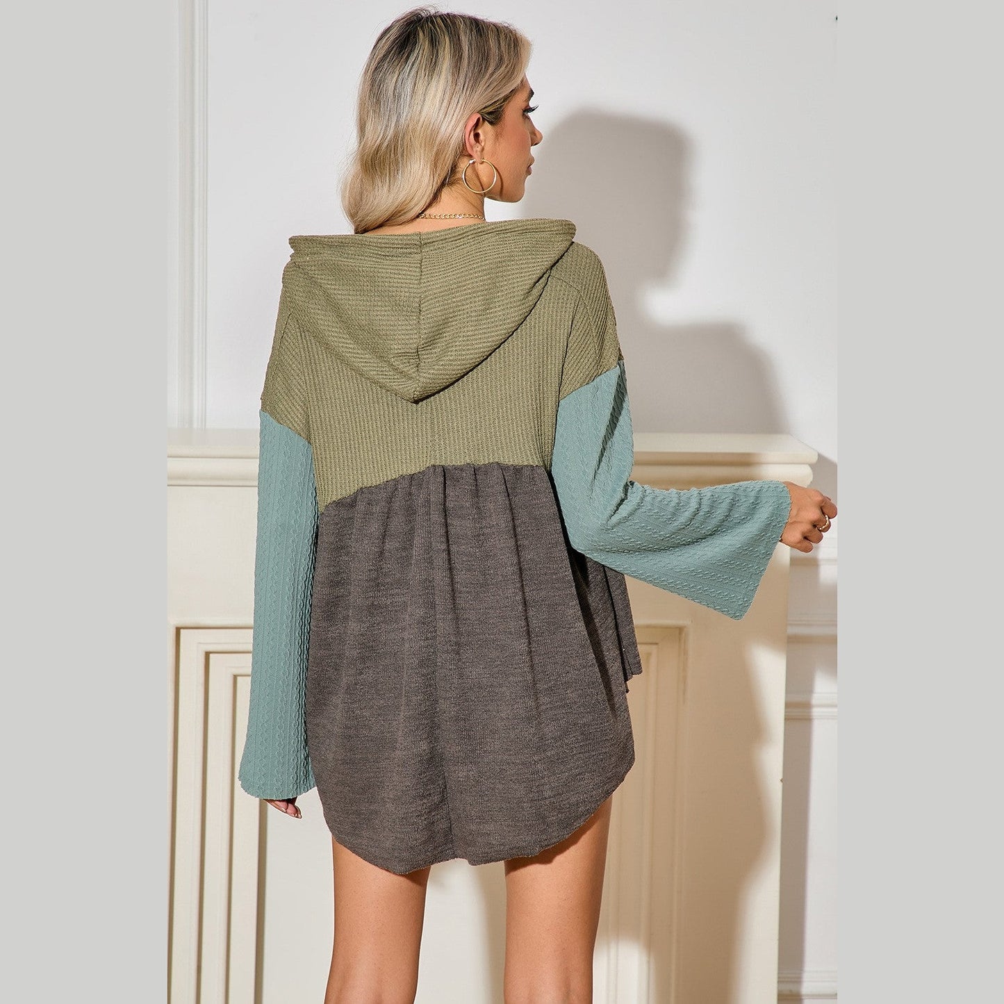 Reggie Laurel Green Mixed Textured Colorblock Patchwork Wide Sleeve Frayed High Low Hooded Top