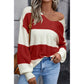 Reggie Red Stripe Loose Color Block Drop Shoulder Bubble Sleeve Sweater